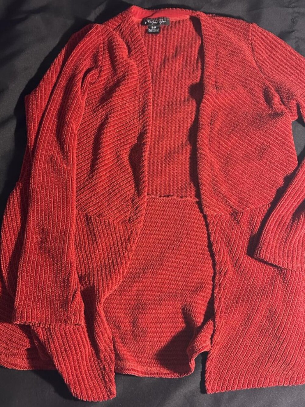 Michael Tyler Cozy Red Chenille Ribbed Open Front Cardigan Sweater Small